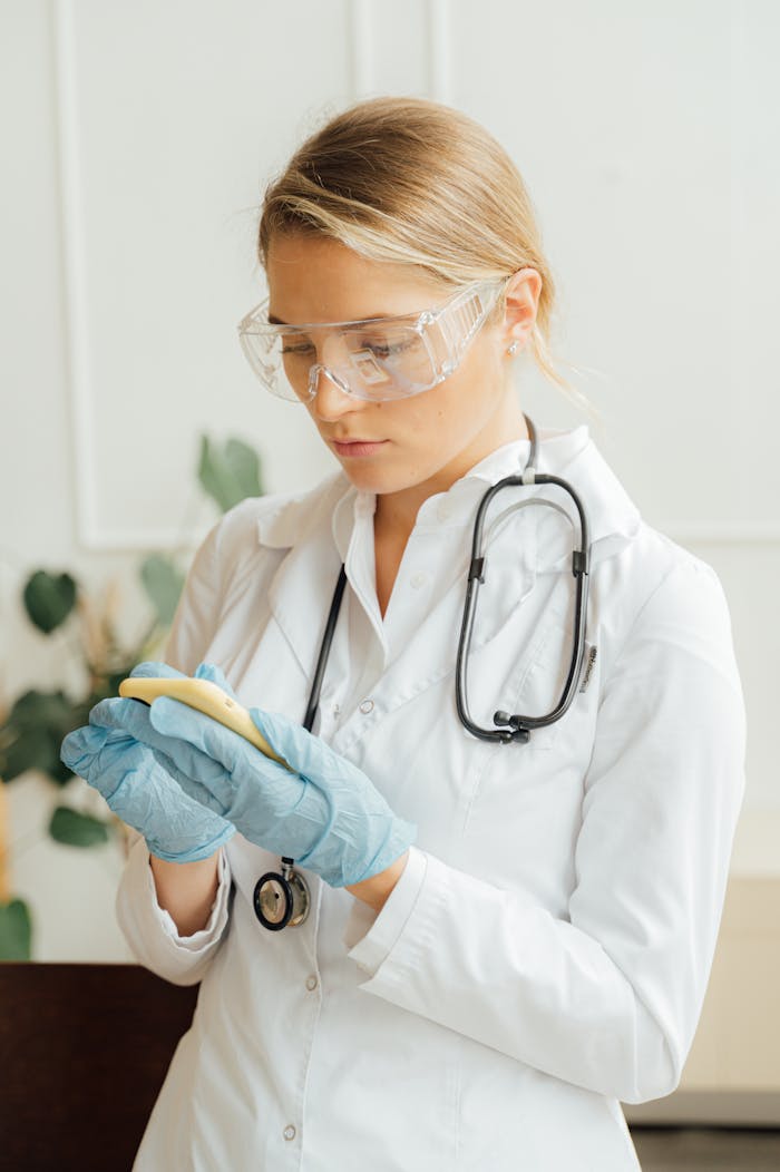 portfolio-02 A female doctor with a stethoscope and protective eyewear using a smartphone inside a medical facility.