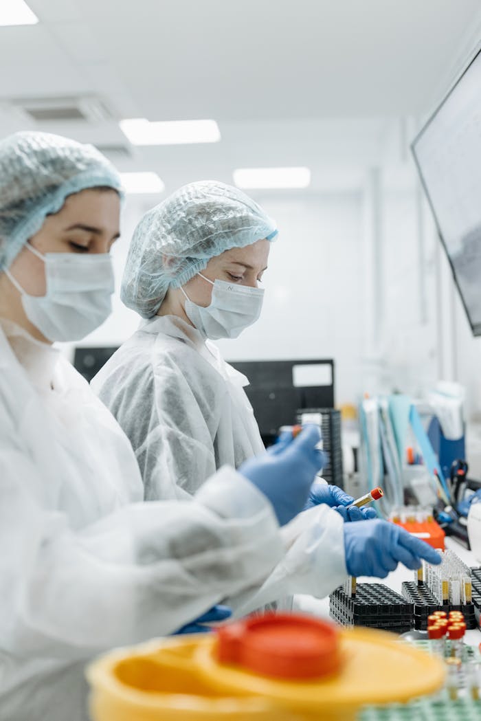 portfolio-01 Two scientists in PPE conducting experiments in a modern laboratory.